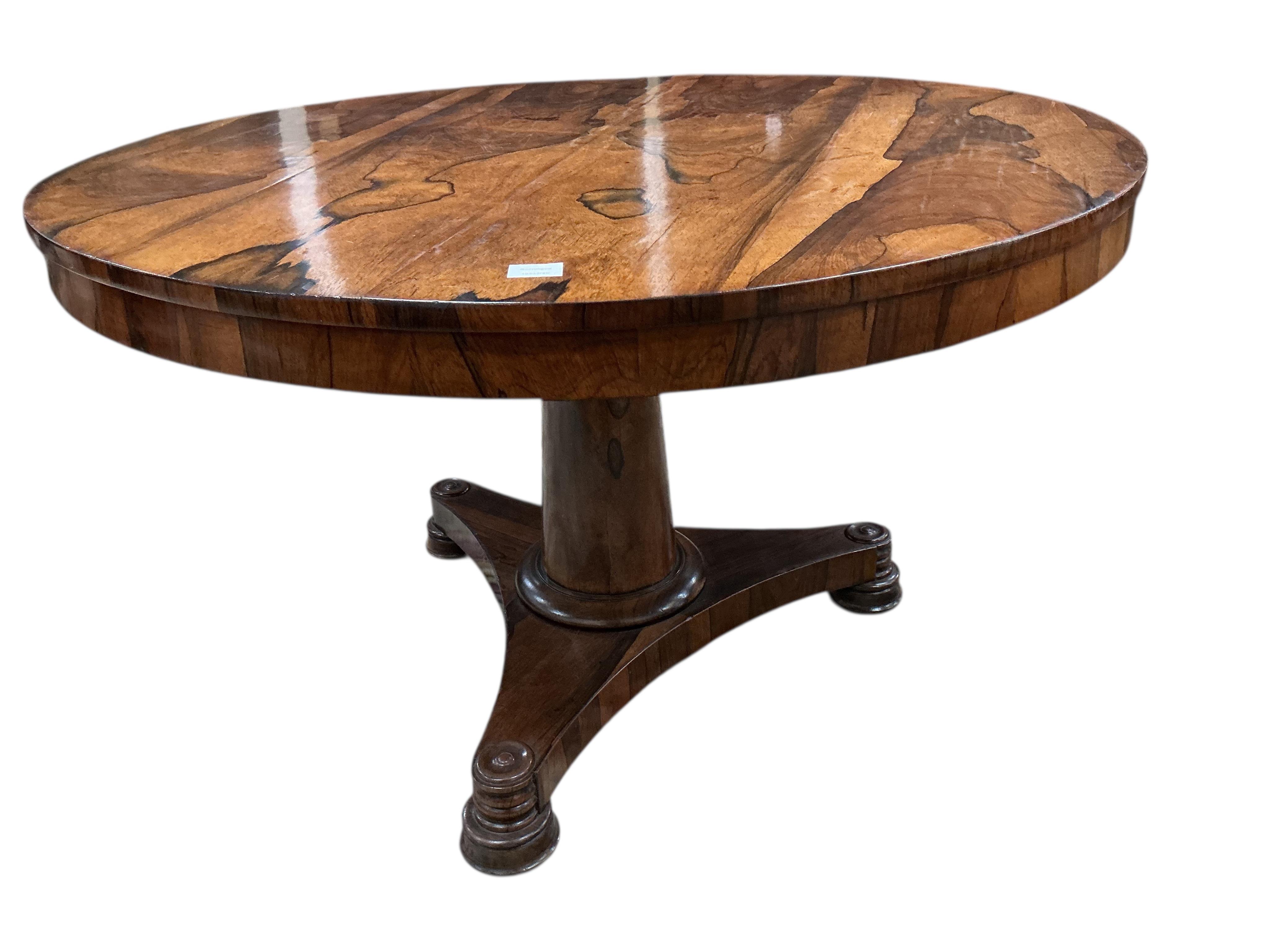 A William IV circular rosewood tilt top breakfast table, diameter 120cm, height 72cm